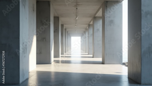 Modern Architectural Corridor: Empty Concrete Hallway with Natural Light