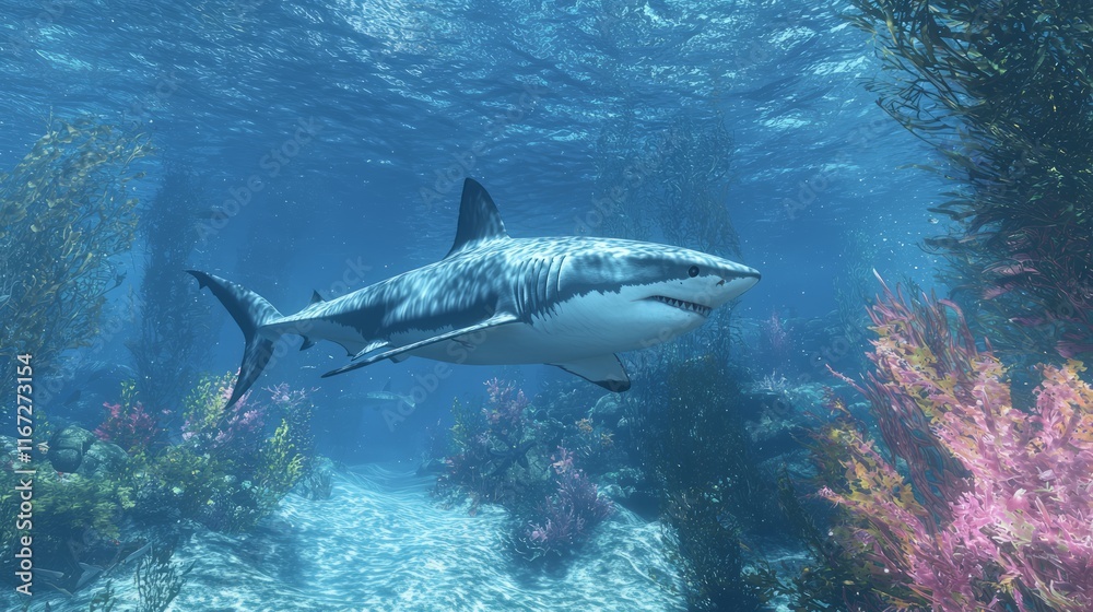 Obraz premium Majestic Great White Shark Gliding Through Vibrant Ocean Depths