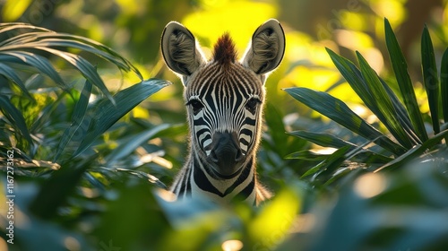 Zebra Peeking through Palm Leaves Jungle Wildlife Photography Lush Environment Close-Up Peter Keefe photo