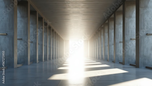 Light at the End of the Tunnel: Modern Concrete Corridor with Bright Exit