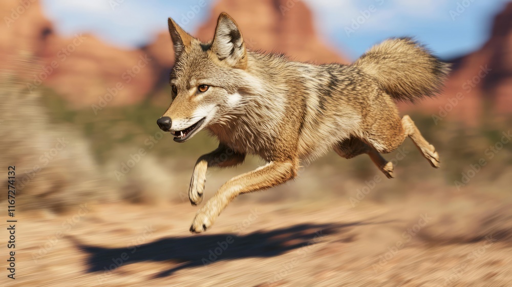 Fototapeta premium Wild Coyote Racing through Arid Desert Terrain with Red Rock Formations in Background