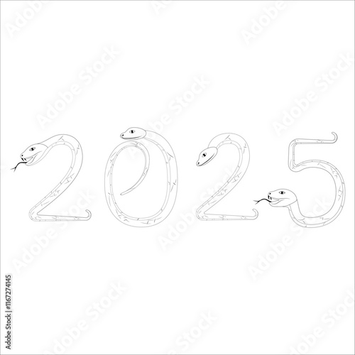 Chinese 2025 Contour White and Black New Year Numeric. Zodiac Asia Silhouette Snake