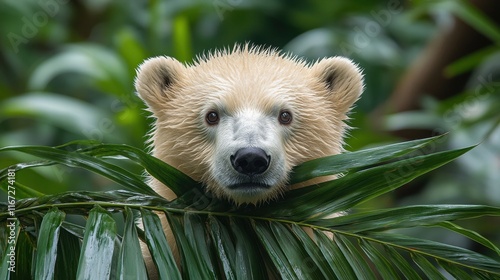 Polar Bear Peeking Through Palm Leaves Tropical Jungle Wildlife Photography Lush Environment Close-Up Nature Concept photo