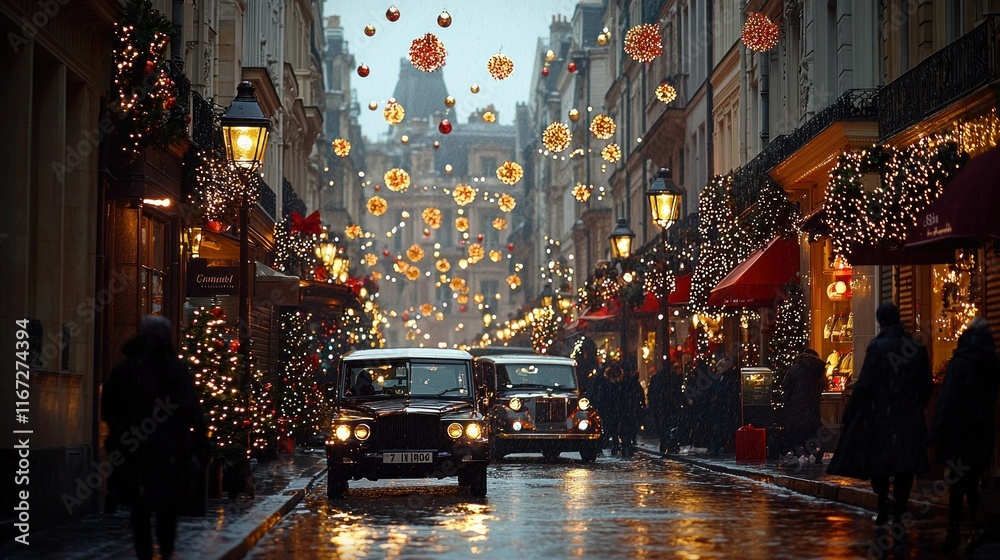 Cars on festive street, decorated lights, people walking, possible ads. Cars on festive street, decorated lights, people walking, possible ads.