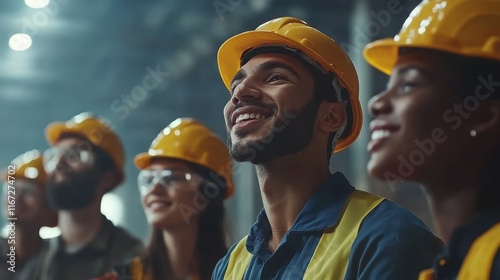 Smiling Factory Workers in Hard Hats Looking Upwards