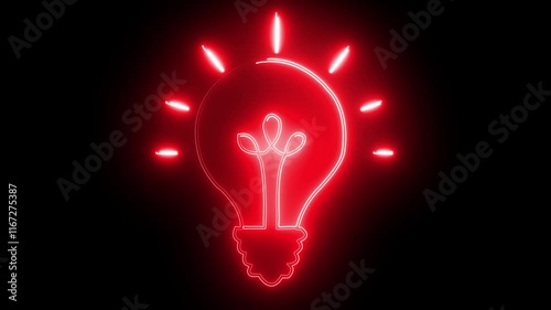 Neon light bulb icon with animation on isolated black background. Neon light digital bulb icon animation. Glowing neon lightning bulb icon. Neon light bulb icon animated, Innovation concept.
