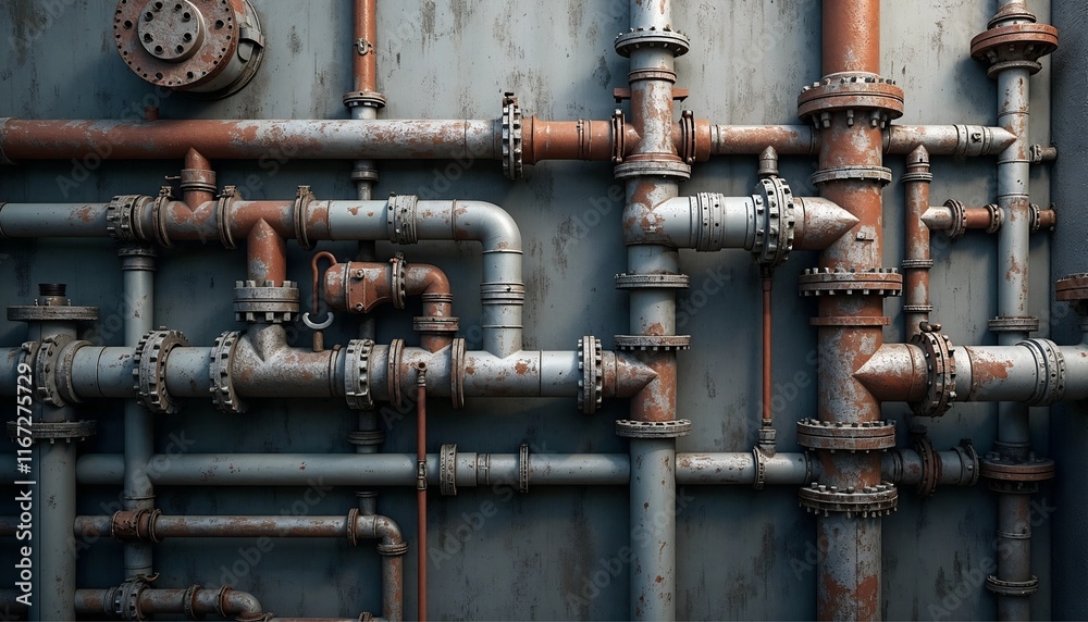 Industrial Piping Background, Intricate Network of Metal Pipes Against Aged Concrete Industrial Piping Background, Intricate Network of Metal Pipes Against Aged Concrete