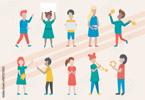 Vector icons representing schoolchildren and children including students backpacks and school supplies
