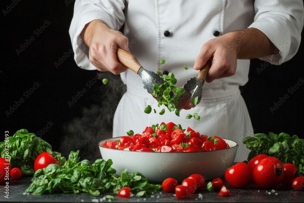 chef preparing fresh salad with tomatoes and greens, showcasing culinary skills and vibrant ingredients chef preparing fresh salad with tomatoes and greens, showcasing culinary skills and vibrant ingredients
