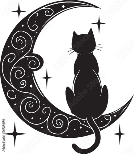 A black and white illustration of a cat sitting on a crescent moon