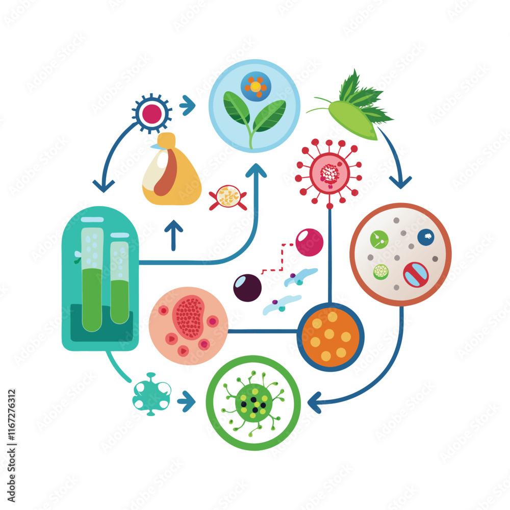 Fototapeta premium Different types of virus and bacteria set collection. Collection of Microbiology's flat design
