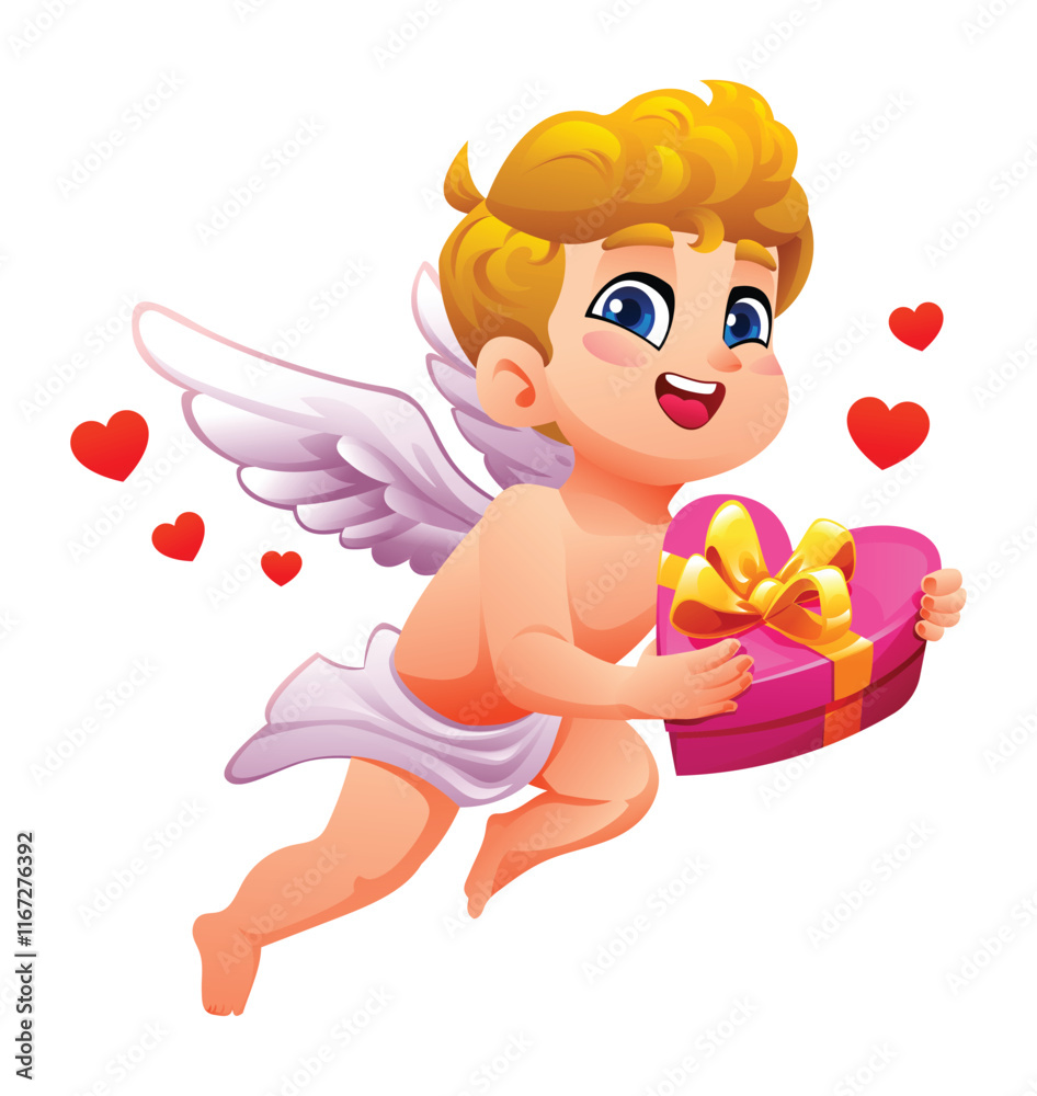 Fototapeta premium Adorable cupid holding a pink heart shaped gift box surrounded by love hearts. Vector cartoon illustration
