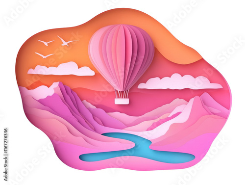 Pink Hot Air Balloon Over Paper Cut Mountains