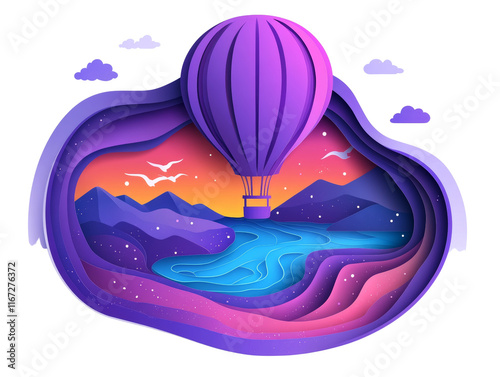 Purple Hot Air Balloon Over Sunset Landscape - Paper Cut Style
