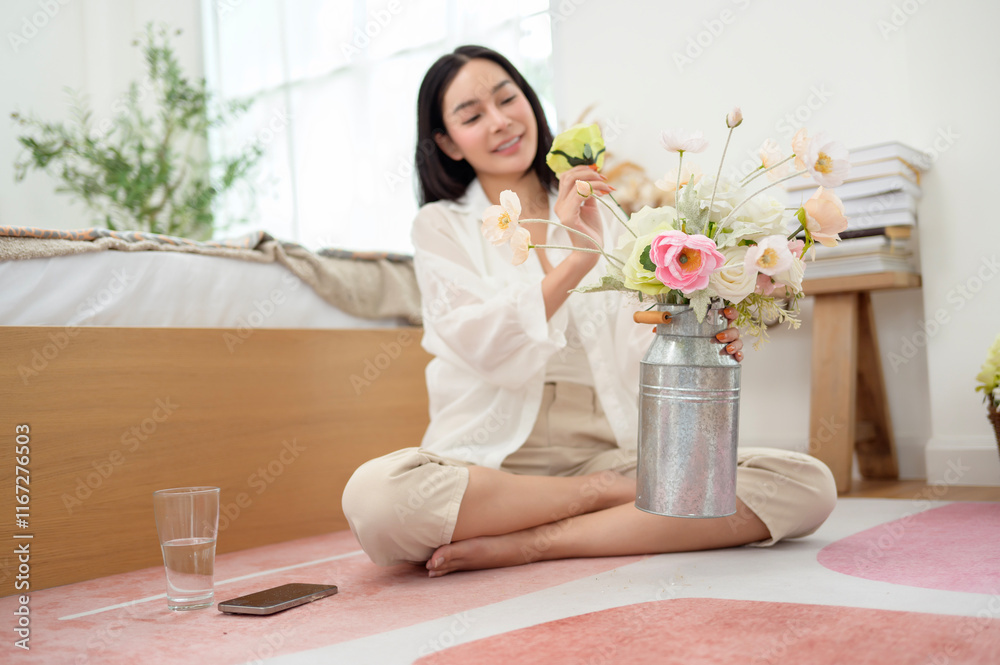 Asian smiling woman putting beautiful flowers on jar Asian smiling woman putting beautiful flowers on jar