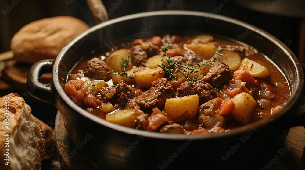 Hearty beef stew preparation in cozy kitchen setting with fresh ingredients and rustic charm Hearty beef stew preparation in cozy kitchen setting with fresh ingredients and rustic charm