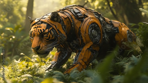 Lifelike Mechanical Tiger Prowling Through Lush Green Environment