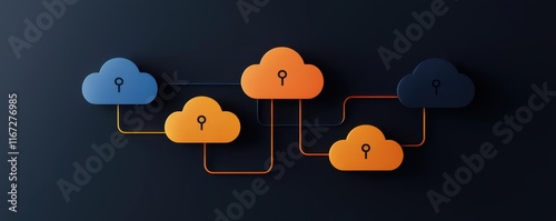 cloud storage concept. Secure cloud systems with layered access management, vibrant glowing locks and password pathways, 3D illustration photo