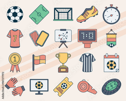 Vector icons related to soccer including balls goals and player symbols