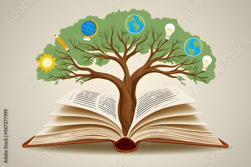 Symbolizing knowledge expansion. Open book with pages turning into tree branches with educational icons. Perfect for International Day of Education, emphasizing global learning and educational growth