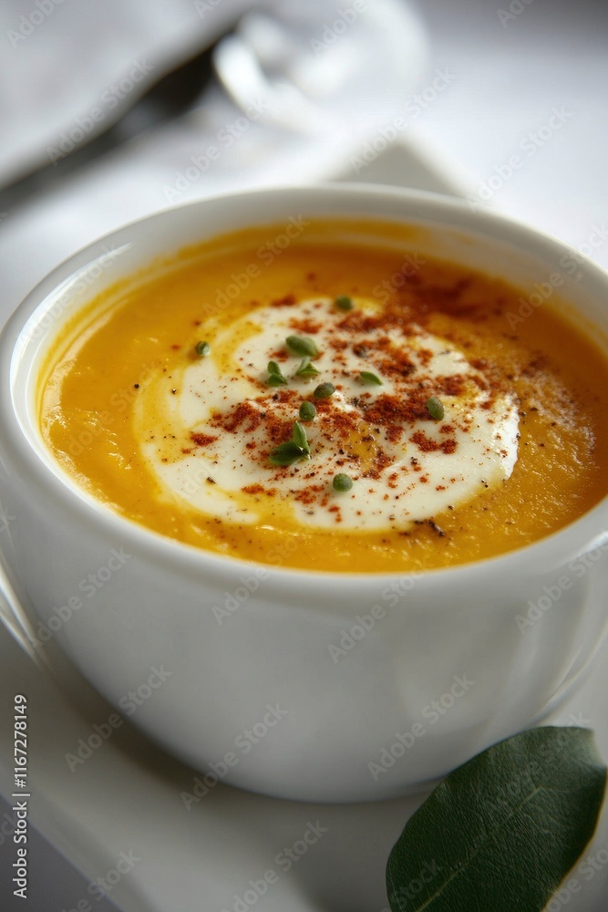 white bowl of yellow pumpkin soup with cream and green leaves and sprinkled with herbs and spices white bowl of yellow pumpkin soup with cream and green leaves and sprinkled with herbs and spices
