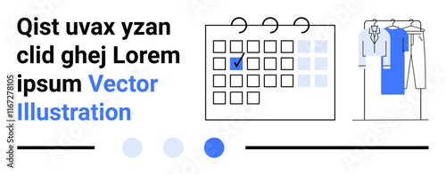 Calendar with a check-marked date and clothing rack with hanging wardrobe items. Ideal for scheduling, time management, organization, appointments, personal planning, fashion planning, daily routine