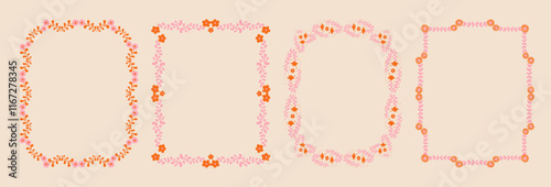 Set of whimsical floral border frames. hand drawn wildflowers and scribble line frame for invitation, valentine or invitation save the date card. Elegant botanical elements.