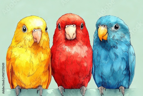 Three colorful cartoon-style birds sitting together on a branch.