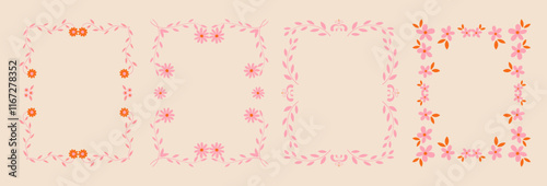 Set of whimsical floral border frames. hand drawn wildflowers and scribble line frame for invitation, valentine or invitation save the date card. Elegant botanical elements.