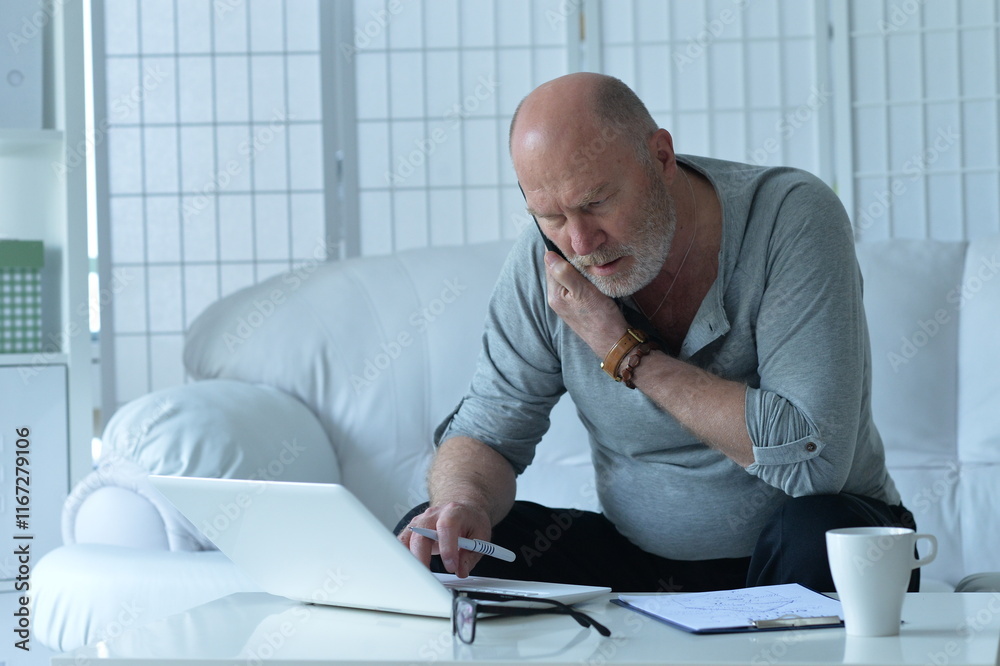 Senior businessman with laptop talking on the phone at home
