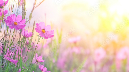 Beautiful pastel pink meadow flowers in sunlit field create serene atmosphere. delicate petals and soft light evoke sense of tranquility and joy