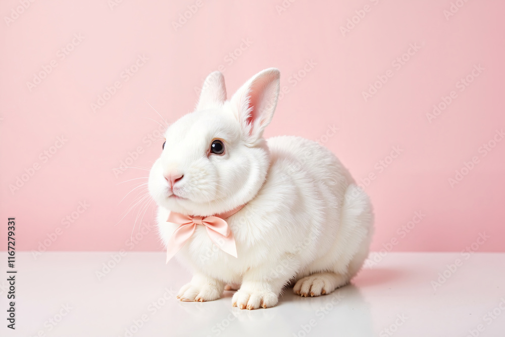 Elegant white bunny with silk ribbon on reflective surface, charm. Greeting card or holiday poster for Happy Easter promotion Elegant white bunny with silk ribbon on reflective surface, charm. Greeting card or holiday poster for Happy Easter promotion