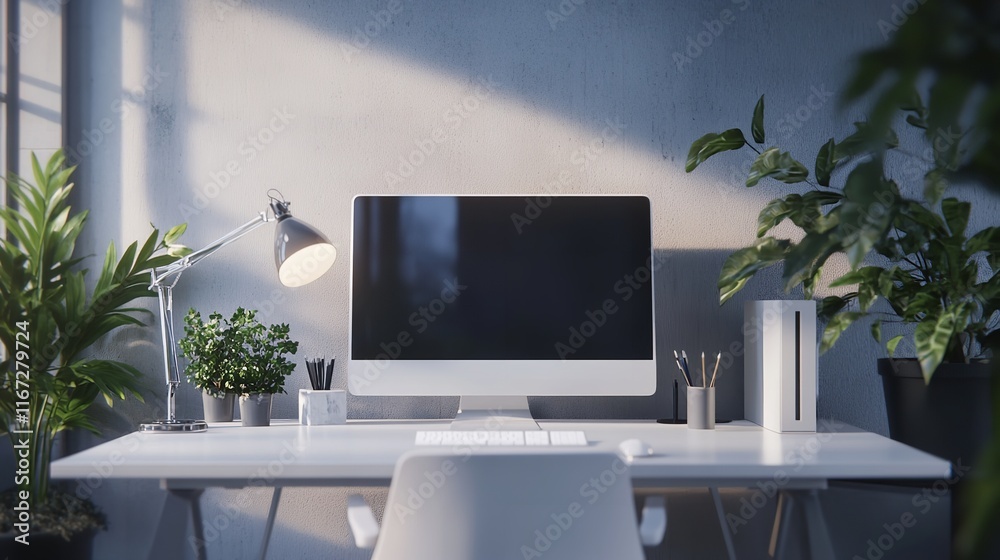 A Stylish and Contemporary Office Desk Setup Featuring a Wide A Stylish and Contemporary Office Desk Setup Featuring a Wide