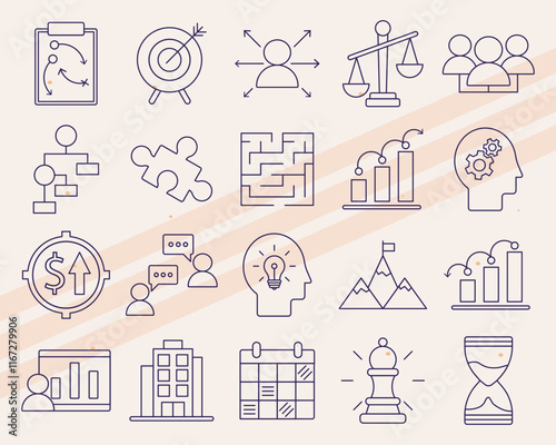 Additional strategy-themed vector icons featuring various planning and analytical elements