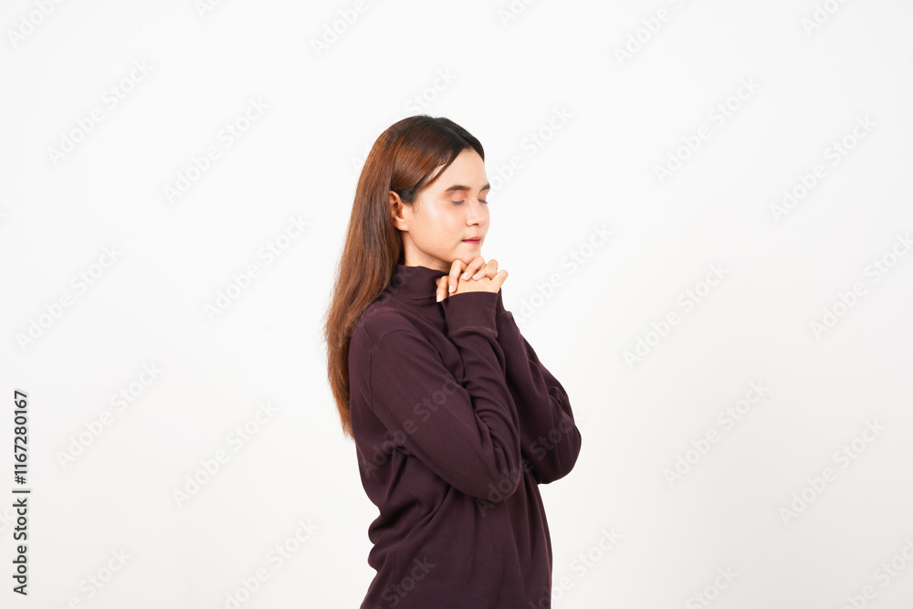 Folding hand closed eye, praying gesture Of Beautiful Asian Woman Isolated On White Background Folding hand closed eye, praying gesture Of Beautiful Asian Woman Isolated On White Background