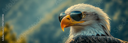 Bald eagle wearing sunglasses with reflections of mountains and sky photo