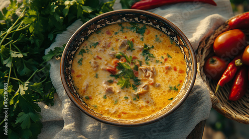 Ciorbă de burtă with parsley and chili served outdoors