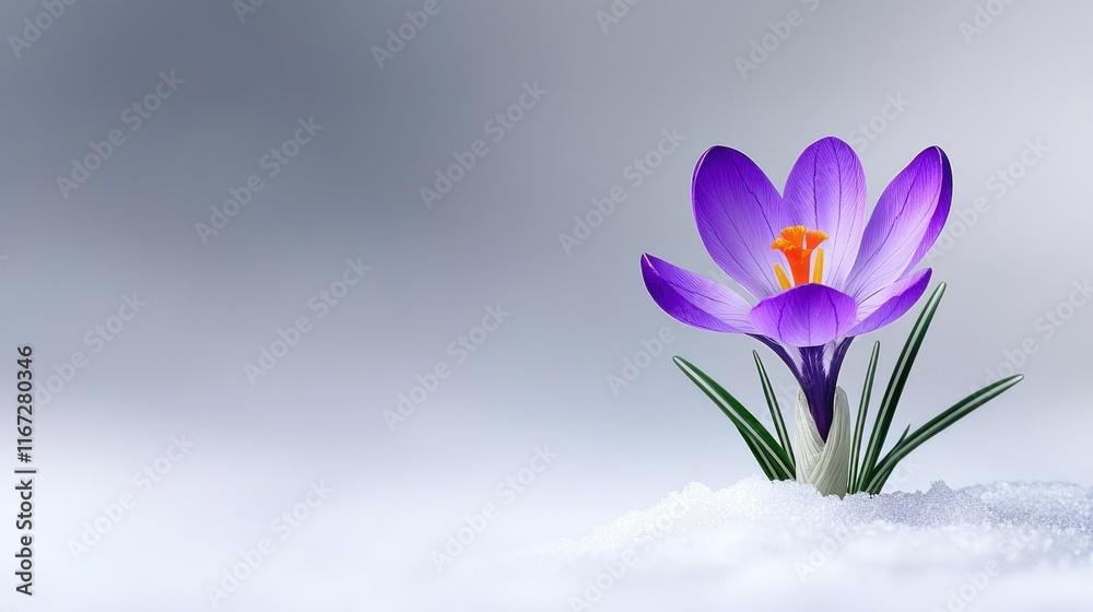 Naklejka premium A vibrant purple crocus blooming through the snow.