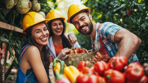 Happy Farmers Harvesting Fresh Tomatoes in Greenhouse