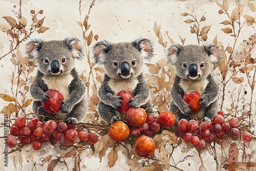 Three koalas holding fruits against a backdrop of leaves and grapes.