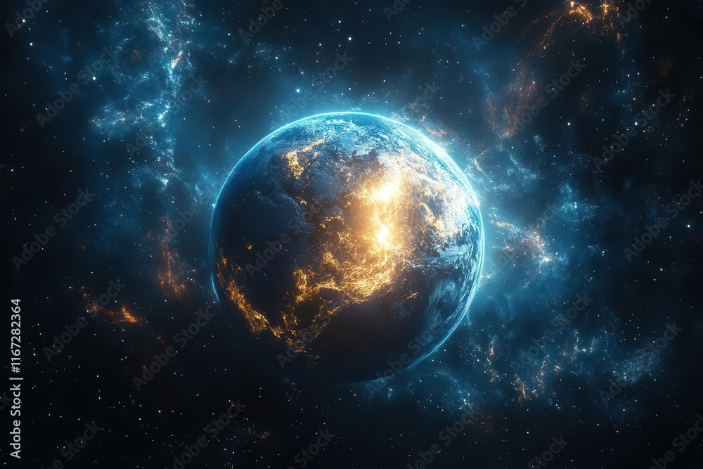 Obraz premium cosmic depiction of planet earth surrounded by energetic waves and radiant light set against a dark space background evoking a sense of wonder and exploration in the vast universe