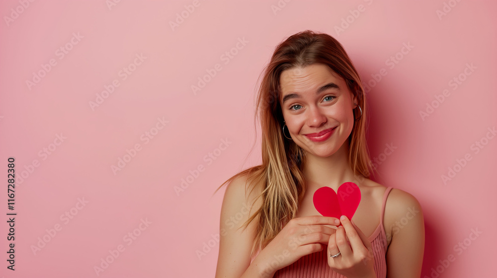 Happy smiling girl with red paper heart on pastel pink background Happy smiling girl with red paper heart on pastel pink background