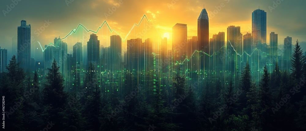 Urban skyline with data visualization overlay Urban skyline with data visualization overlay