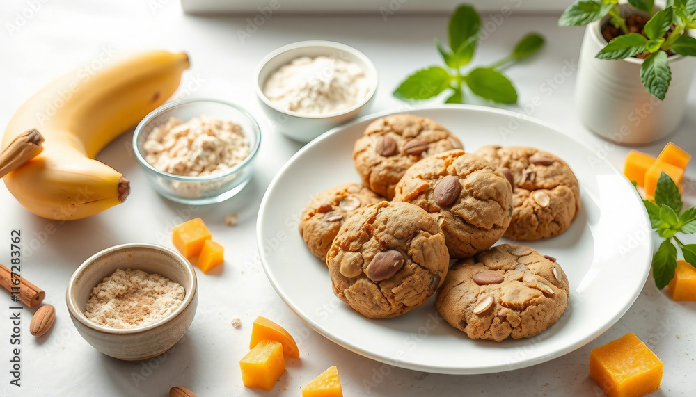 Freshly baked banana almond cookies displayed on a plate alongside ingredients like bananas, almonds, flour, and spices, with a clean and bright aesthetic emphasizing freshness and homemade flavors.
Freshly baked banana almond cookies displayed on a plate alongside ingredients like bananas, almonds, flour, and spices, with a clean and bright aesthetic emphasizing freshness and homemade flavors.