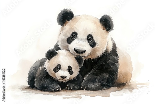 A mother panda and her cub cuddling together in a soft, watercolor style.