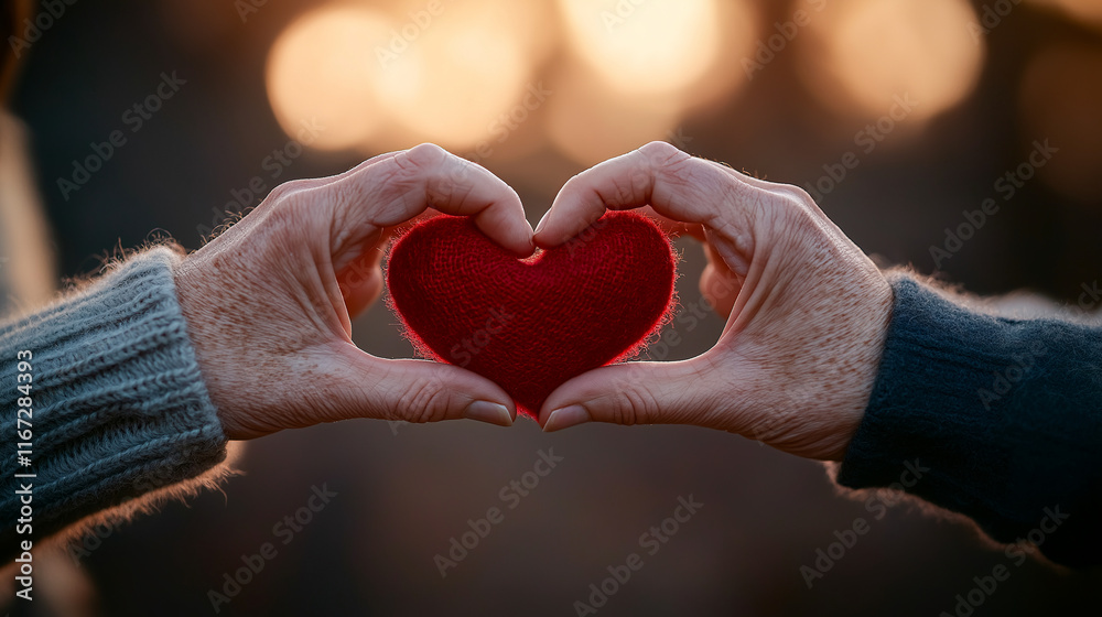 Creating heartfelt connection, two hands form heart shape with red knitted heart between them, symbolizing love and unity Creating heartfelt connection, two hands form heart shape with red knitted heart between them, symbolizing love and unity