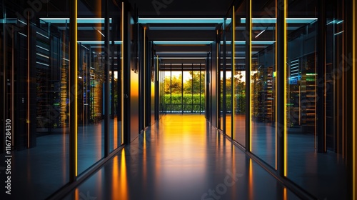 Modern Server Room Corridor with Sunset View