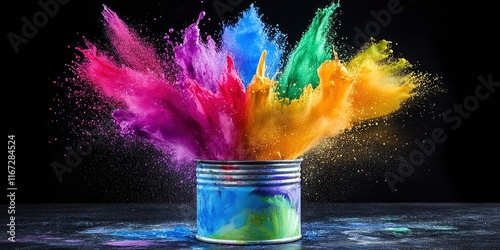 Vibrant explosion of colors, resembling an exploding paint can with bright and vivid hues, creating dynamic visual effects.