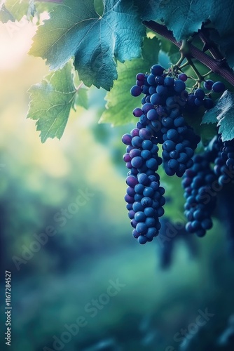 Vineyard with purple grape fruits hanging from the branches, blur background