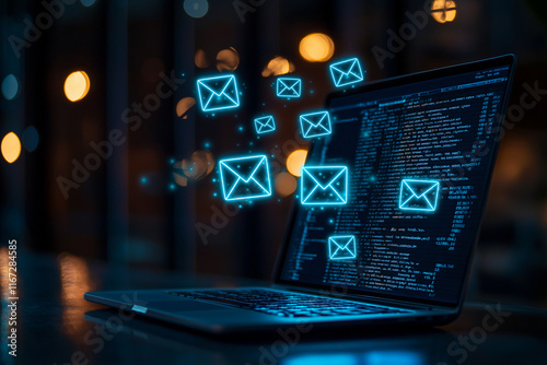 Close up of laptop displaying glowing email icons and code, symbolizing digital communication and technology. vibrant lights create modern, tech savvy atmosphere